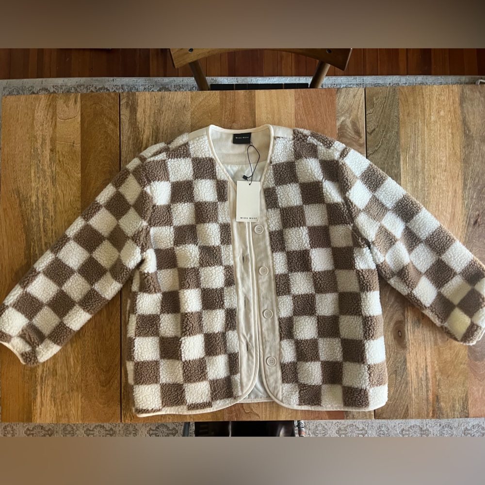 Tan and cream checkered fleece jacket by Miou Muse Size Small